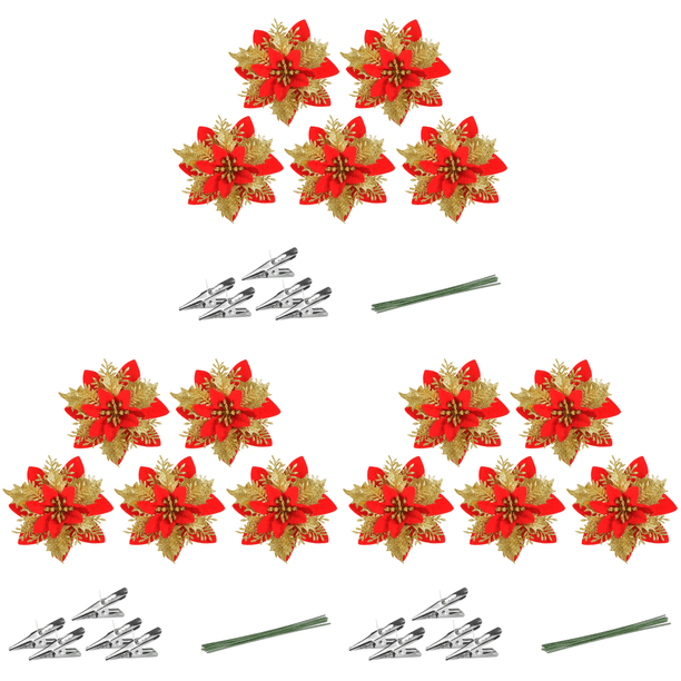 Cabezas Flores Con Purpurina 14 Cm Con Clip Y Tallo para Navidad (rojo 5 Unidades)