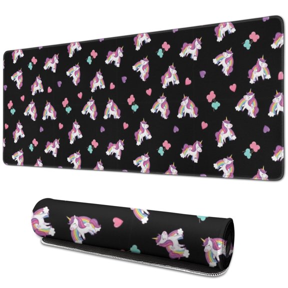 Long Mouse Pads for Desk,Black Cartoon Unicorn Heart Pattern Desk Mats on Top Of Desks, Desk Mouse Pad Extra Large with 3mm Non-Slip Base and Stitched Edge for Gaming,Office,Work,Home 31.5"x11.8"