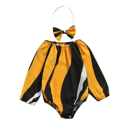 

Nokpsedcb Lovely Newborn Baby 2Pcs Fall Outfits Girls Long Sleeve Off Shoulder Printed Romper with Headband Black Yellow 6-12 Months