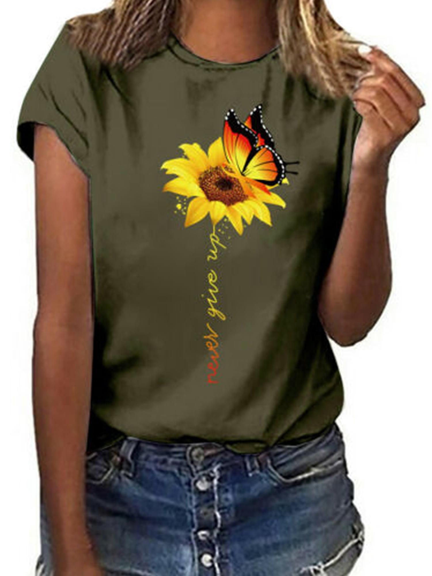 Kaei&Shi Roll Sleeve Graphic T Shirt Women Sunflower Tshirt Womens Summer Top Flower Print Short Sleeve Shirt Tee