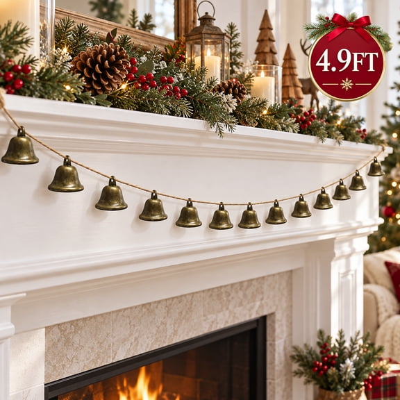 Christmas Bells Garland Bronze Jingle Bells Hanging String Vintage Decorative Rustic Bells Garland Banner for Christmas Tree Mantle Fireplace Wall Home 4.9 Ft