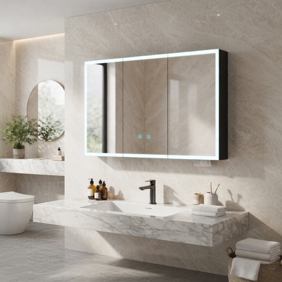 Hommoo Modern LED Bathroom Medicine Cabinet with Anti-Fog Mirror & Soft White Lighting, Wall-Mounted Aluminum Two-Door Storage Mirror, Black