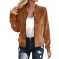 thumbnail image 2 of Bomber Jacket Women Long Sleeve Faux Suede Casual Zip Up Jacket Lightweight Fall Coat Outerwear Streetwear, 2 of 5
