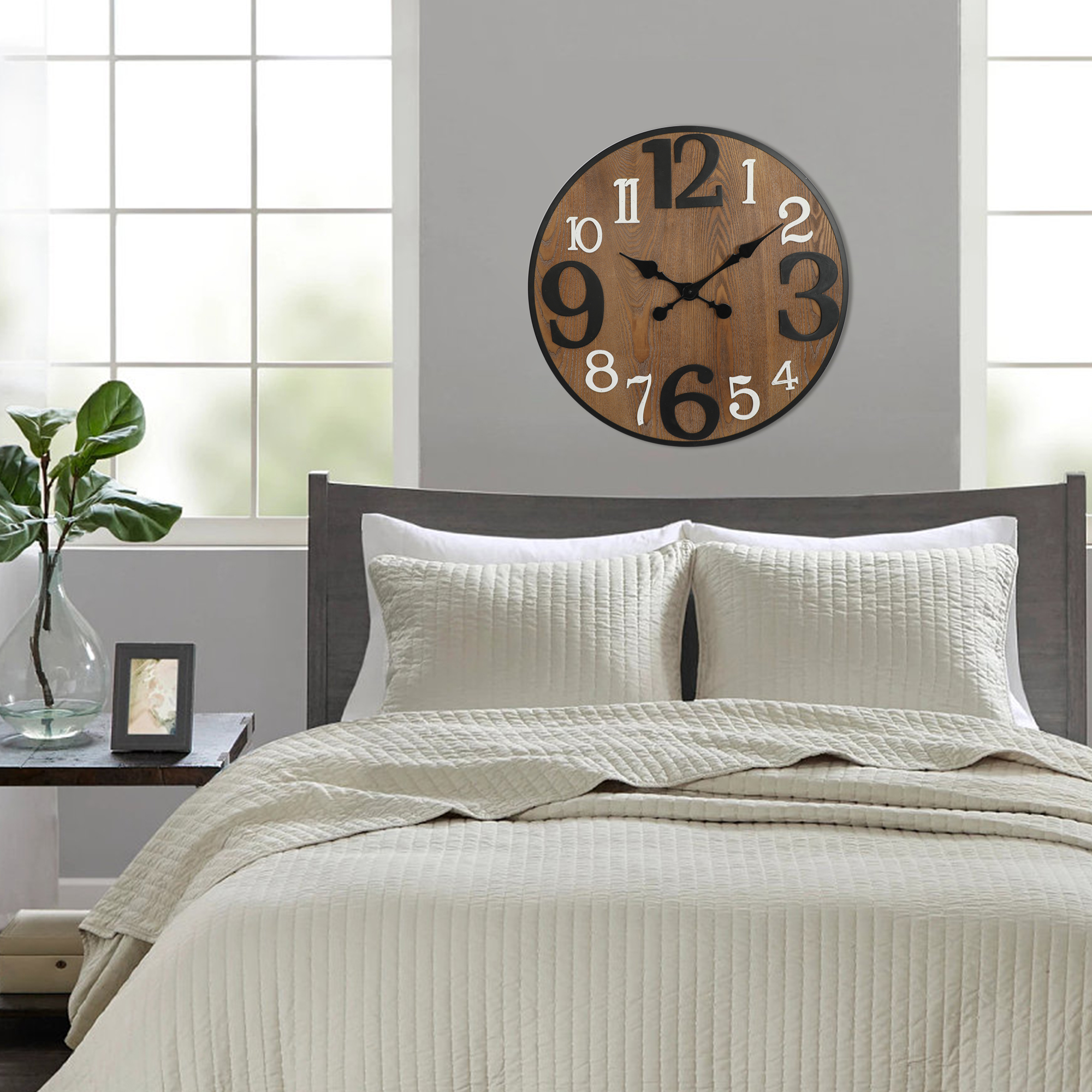 ABBSR 24in. Round Hanging Arabic Numerals Wood Wall Clock,Non-Ticking Clock for Wall Decor