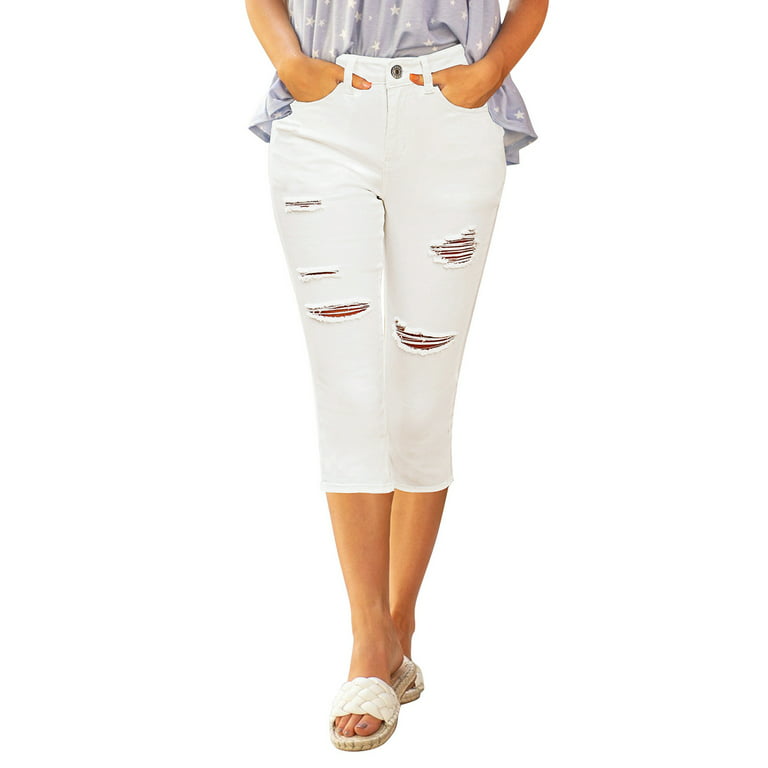 luvamia Women's High Rise Casual Broken Hole Skinny Slim Fit Stretch Denim  Capri Jeans, L, Fit Size 12 Size 14