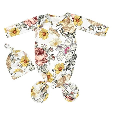 

Baby Coming Home Outfit Knotted Sleep Gown Sleepwear Baby Knot Floral Long Sleeve Sleeping Gown With Hat Set For 0-3 Months
