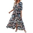 thumbnail image 3 of Summer Women Beach Long Dress Floral Printing Three Quarter Sleeve V-neck Belted Split Skirt, 3 of 6