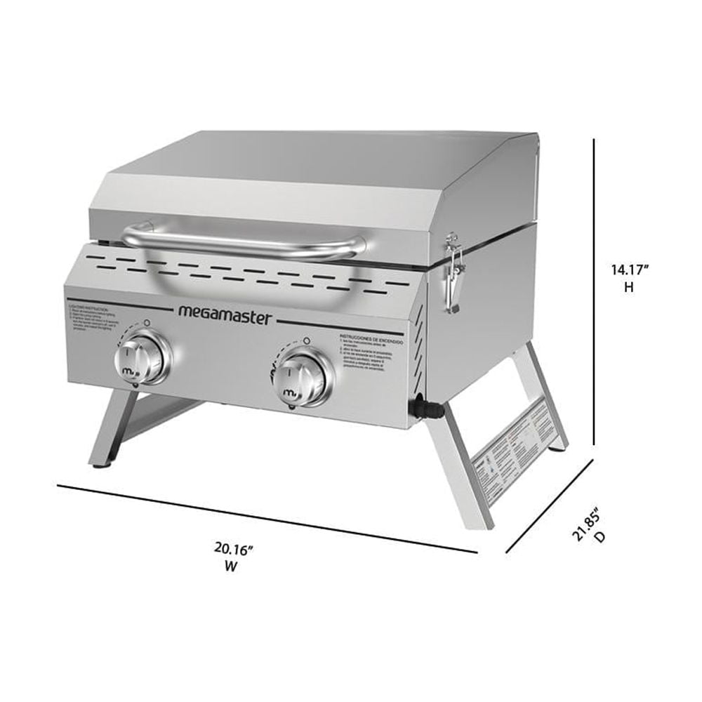 Megamaster Stainless Steel 2-Burner Flat Top Propane Gas Grill, Great for Outdoor Cooking, Camping, & Barbecues, Portable, 820-0033M