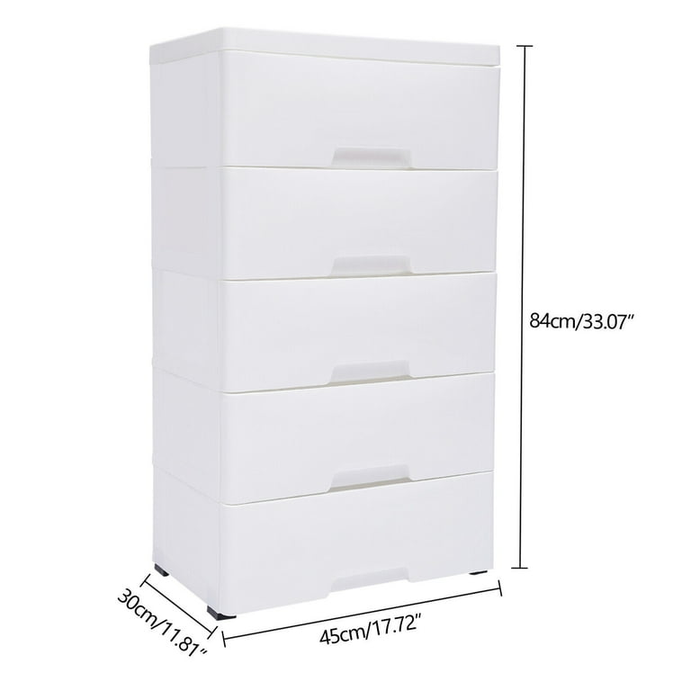 MIDUO 5 Tier Plastic Drawers Dresser Bedroom White Storage Cabinet with Removable Pulley Load bearing