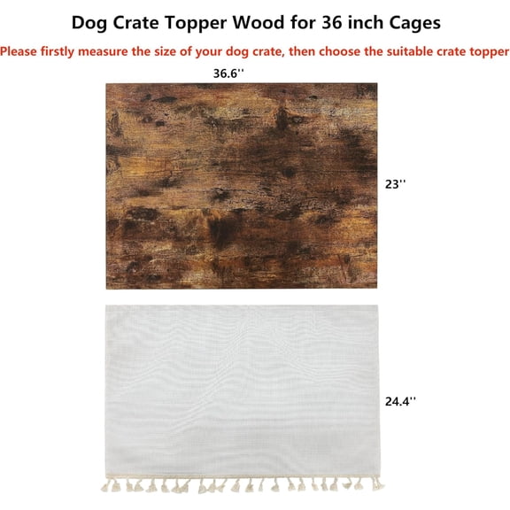 Dog Crate Topper Wood for 48, 42, 36, 24 Inch Cages - Rustic Brown Table Topper with Tassel Curtain, Stylish Kennel Cover (Crate Not Included)