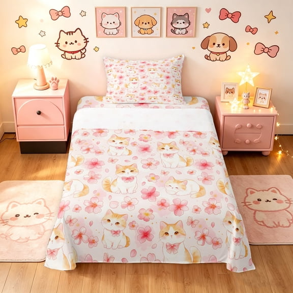 Manfei Kawaii Pet Twin Sheets, Spring Cherry Blossoms Bedding, Pink, 3pcs, 1 Flat Sheet, 1 Fitted Sheet and 1 Pillowcase