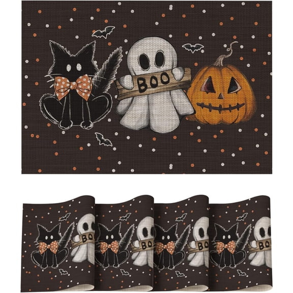 Black Ghost Cat Halloween Vinyl Placemats Set of 4, Washable Heat Resistant Non-Slip Woven Plastic PVC Place Mats for Farmhouse Holiday Party Kitchen Dining Decor