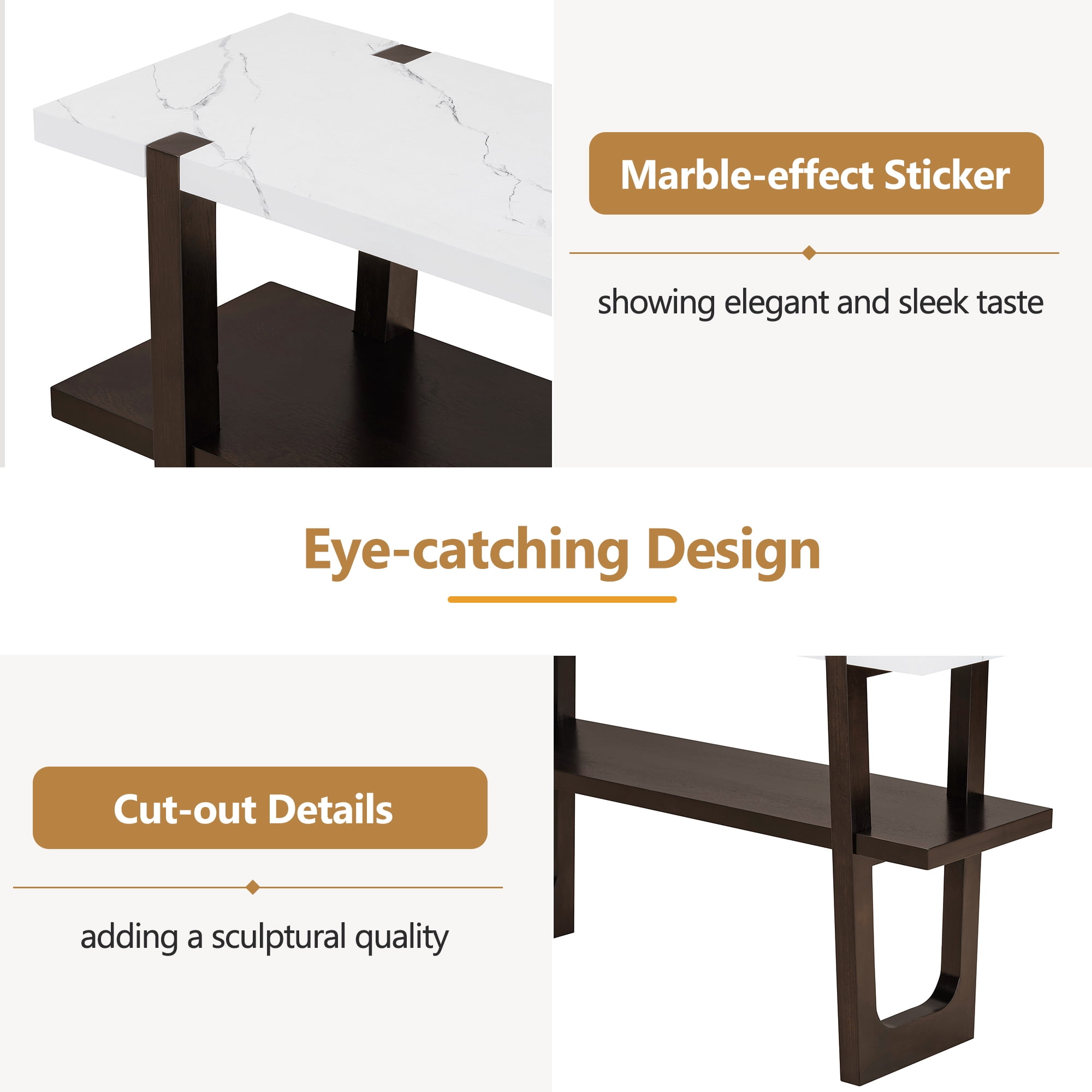 MAYEERTY Narrow Console Table with Marble-Effect Top and Open Shelf for Entryway, Hallway, Living Room, Espresso