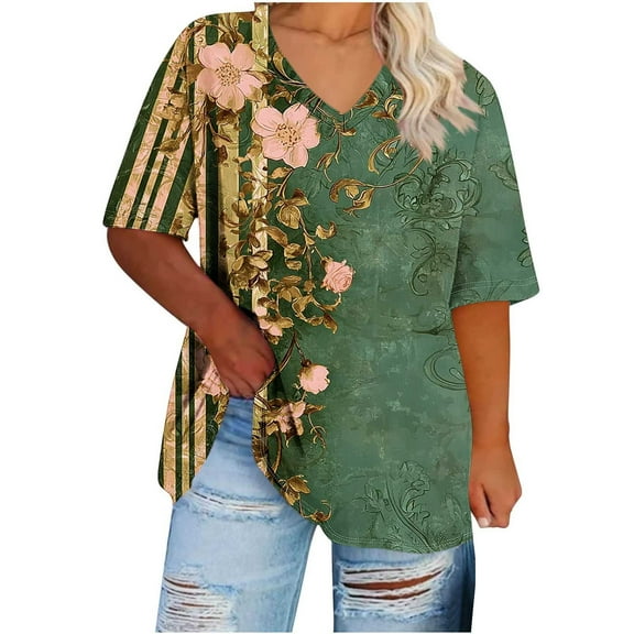 ZQUUVOU Women's Plus Size Tops V-Neck Short Sleeved Print T-Shirt Olive Green (2XL)