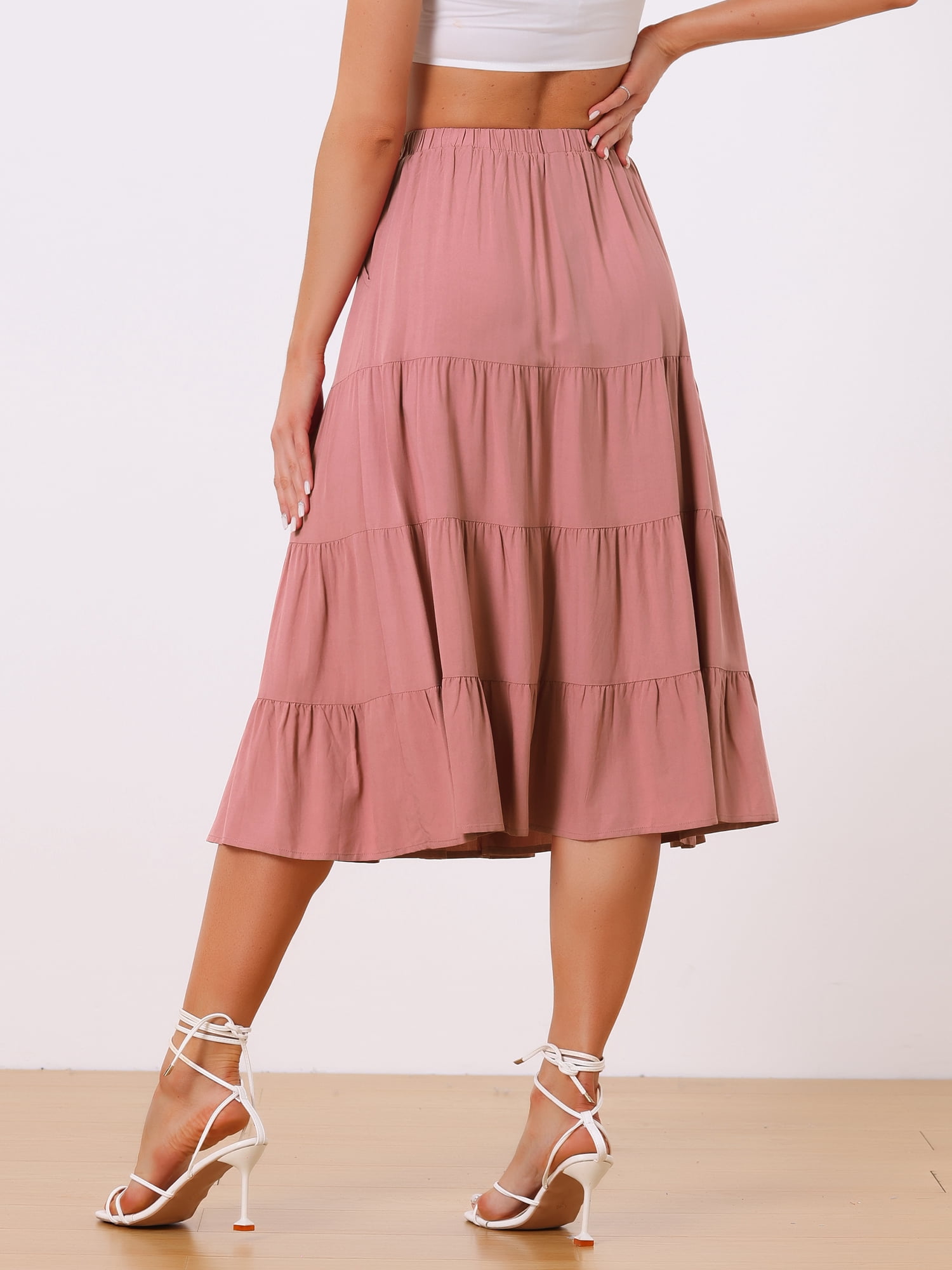 DARING DIVA Women's Flare Tiered Pleated Solid Elastic Waist A-Line Skirt M Dark Rose Pink