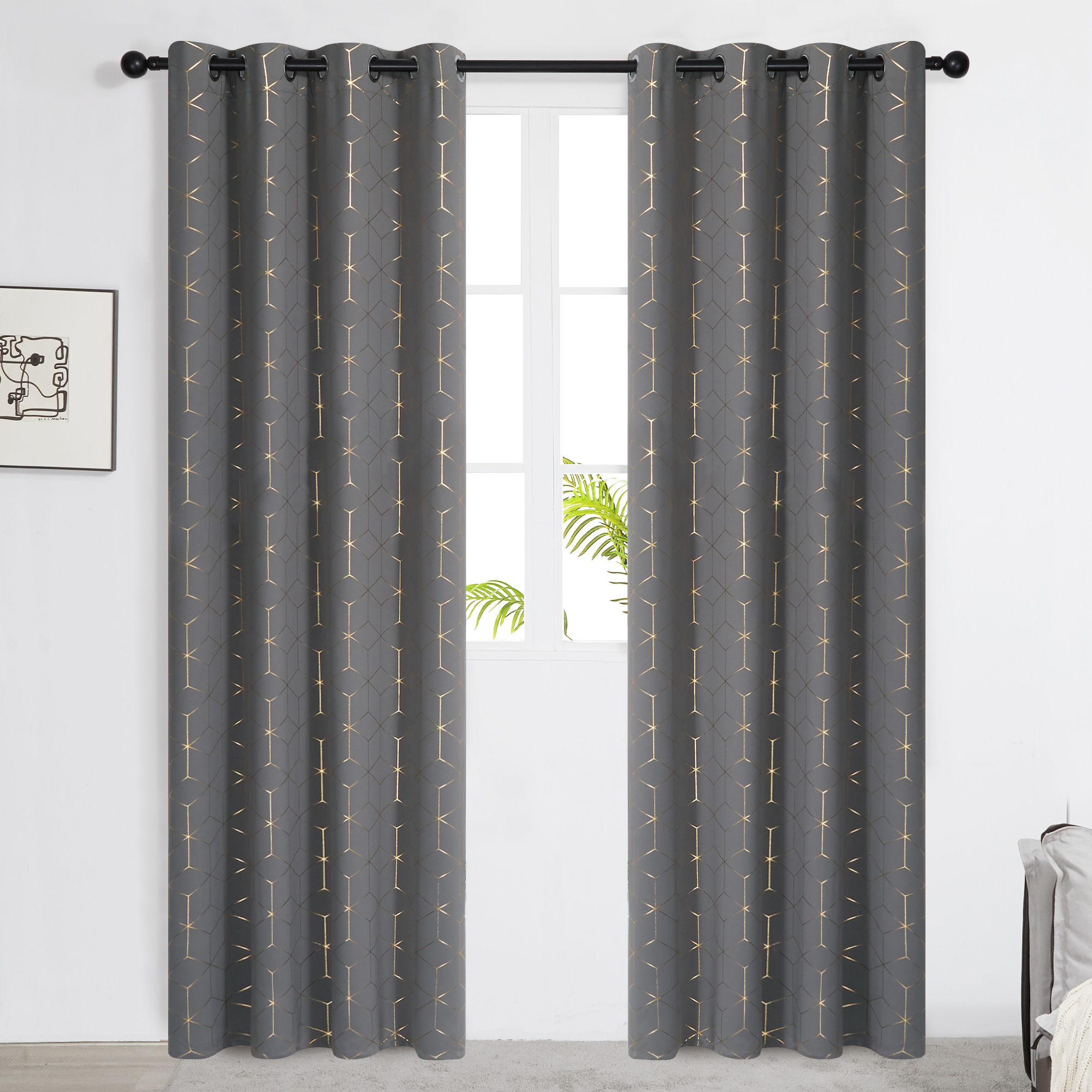 Gold Foil Palm Leaf Blackout Curtains - Thermal Insulated Room Darkening Curtains 46x72 Inch, 2 Panels