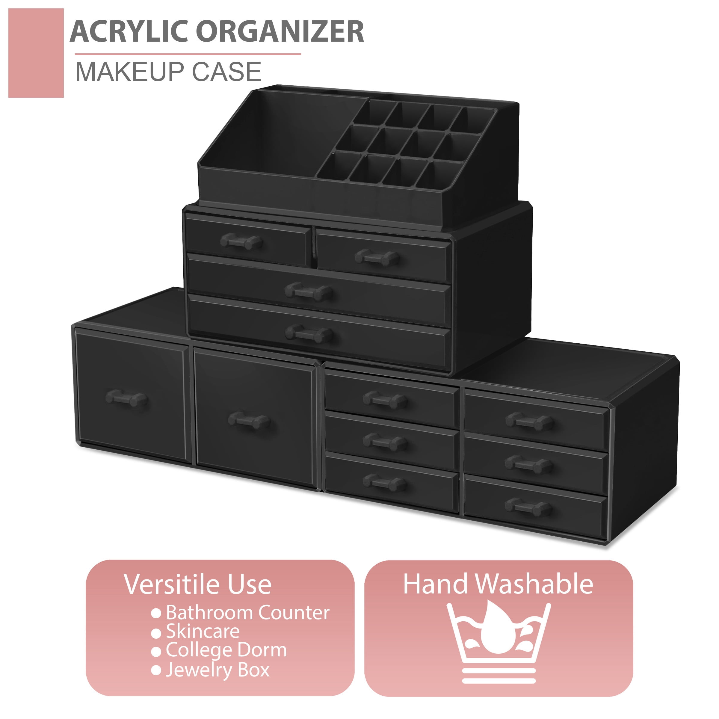 Sorbus 12-Drawer Stackable Makeup Organizer with Brush & Lipstick Holder for Vanity/Bathroom, Black