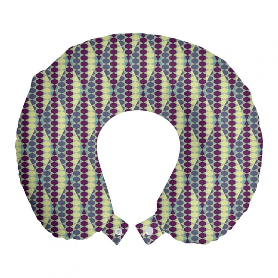 Retro Travel Pillow Neck Rest, Abstract in Vibrant Geometric Hexagon Forms Vintage Design, Memory Foam Traveling Accessory Airplane and Car, 12", Pale Yellow Cadet Blue, by Ambesonne