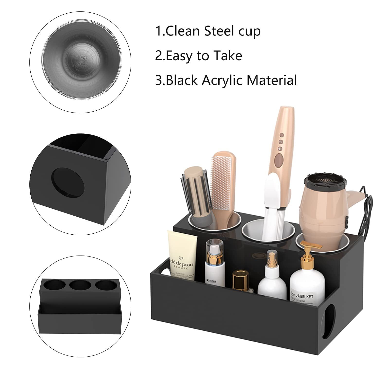 NIUBEE Hair Tool Organizer, Acrylic Hair Dryer Holder and Styling Organizer, Bathroom Countertop Blow Dryer Holder, Vanity Caddy Storage Stand for Blow Dryers, Accessories, Makeup, Toiletries, Black