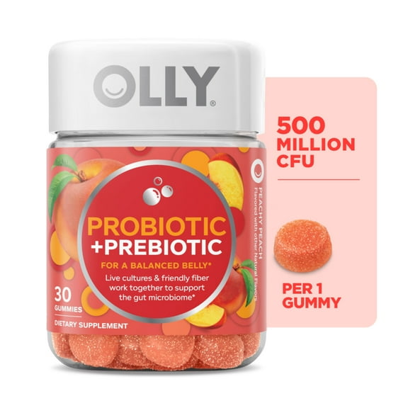 OLLY Probiotic Prebiotic Fiber Gummy, Digestive Gut Health Supplement for Adults, Peach, 30 Count