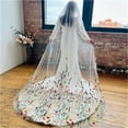 thumbnail image 2 of Colorful Floral Edge Cathedral Wedding Veil with Comb - Elegant Long Bridal Veil for Secret Garden Weddings, 2 of 6