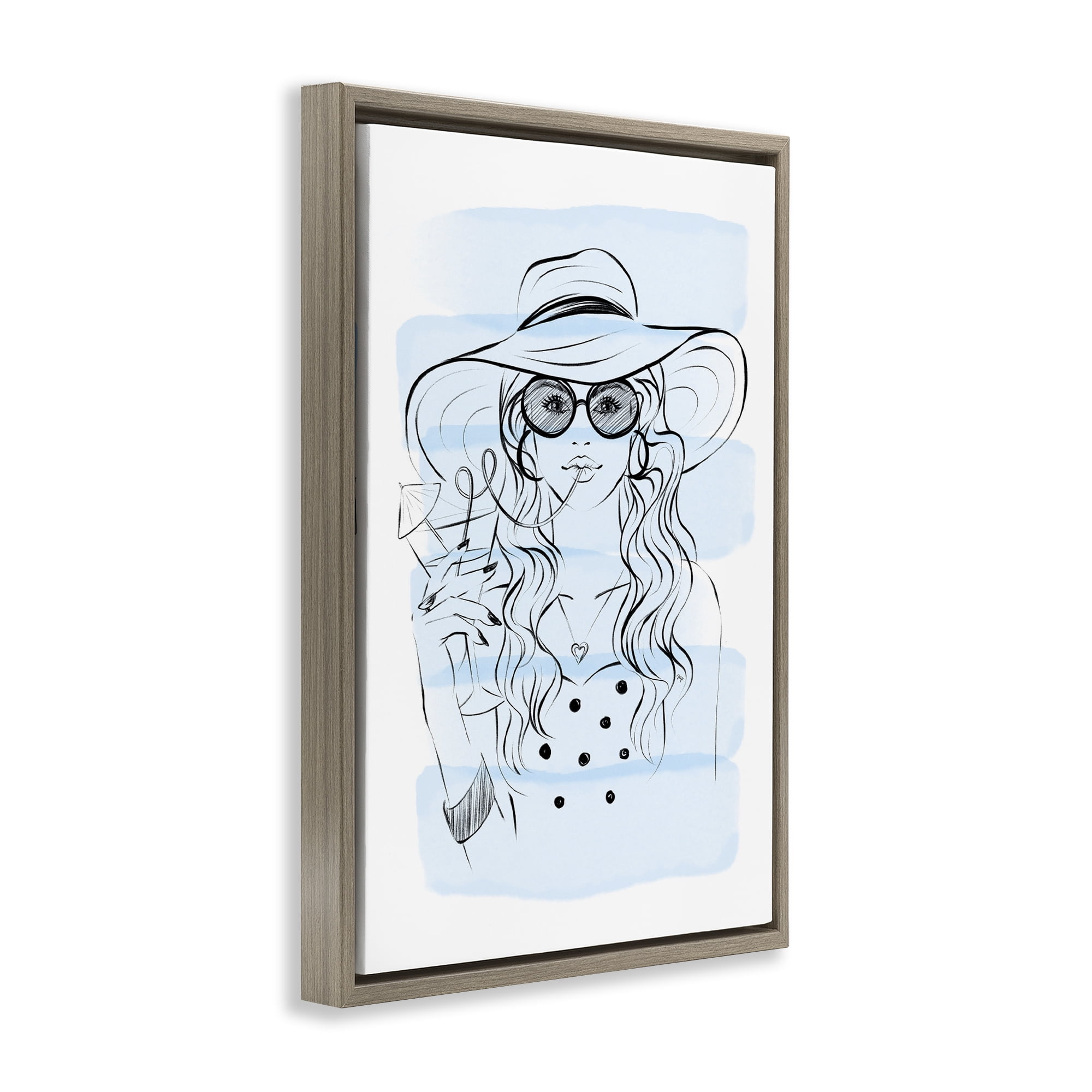 Stupell Industries Sipping Drink Girl in Sun Hat Brown Framed Floater Canvas Wall Art, design by Martina Pavlova