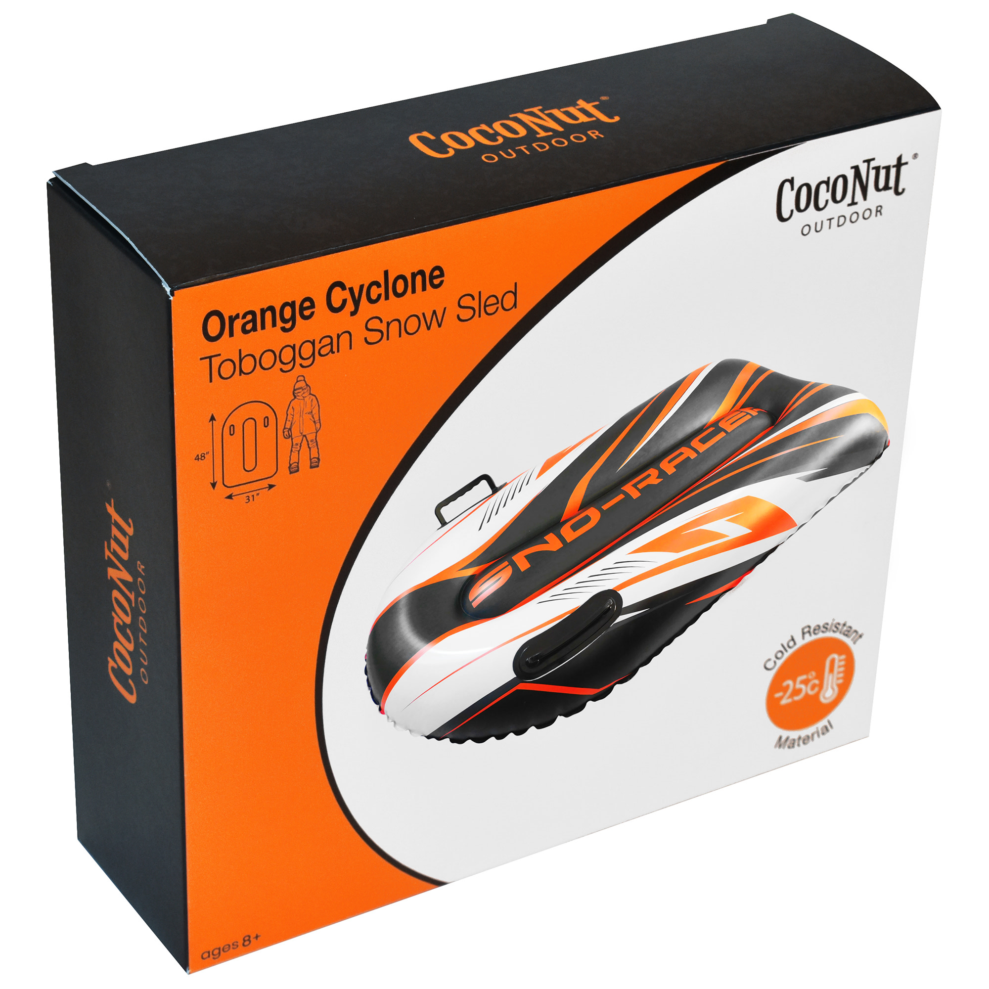 CocoNut Outdoor: Orange Cyclone Toboggan Snow Sled - 48x31" Blue-Black-White - Winter Inflatable, Cold Resistant PVC, 200lb Cap, Kids-Teens-Adults 8+