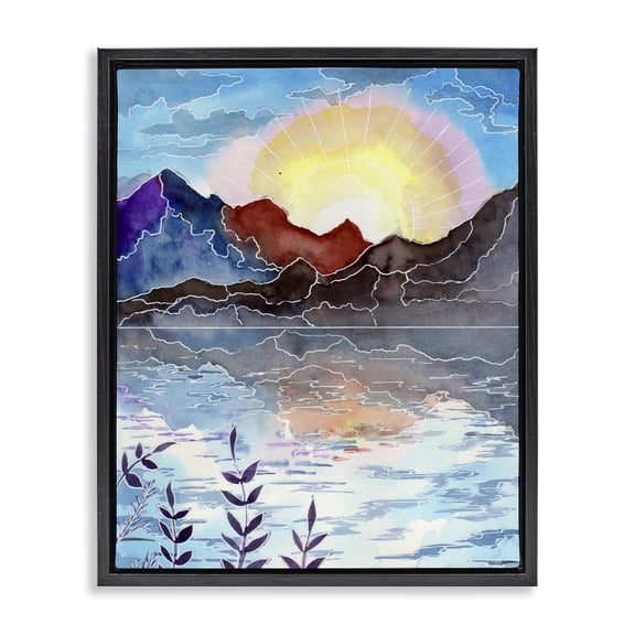 Stupell Industries Eclectic Mountain Lake Nature Outline Black Floating Frame Canvas Art, 17 x 21, by Sebastian Grafmann