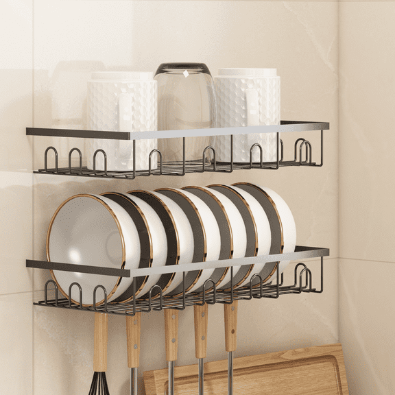 LLMRR Spice Rack Organizer Wall Mount 2 Pack, Hanging Black Spice Pantry Organization Storage Shelf, Plate Home Accented Storage Rack, Metal Dish Rack for Kitchen
