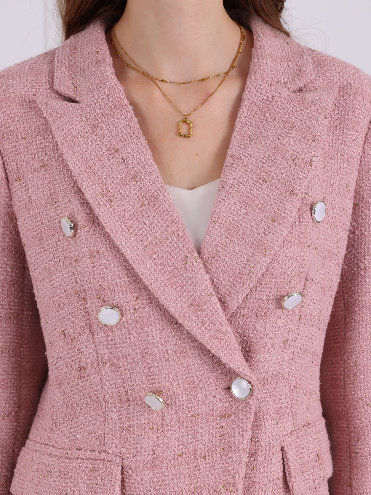 DARING DIVA Women's Tweed Blazer Notched Lapel Double Breasted Suit Jacket 2XL Pink