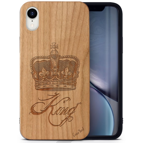 Case Yard Wooden Case Outside Soft TPU Silicone, Slim Fit Shockproof Wood Protective Phone Cover for Girls Boys Men and Women, Supports Wireless Charging King Crown Design case for iPhone-XR