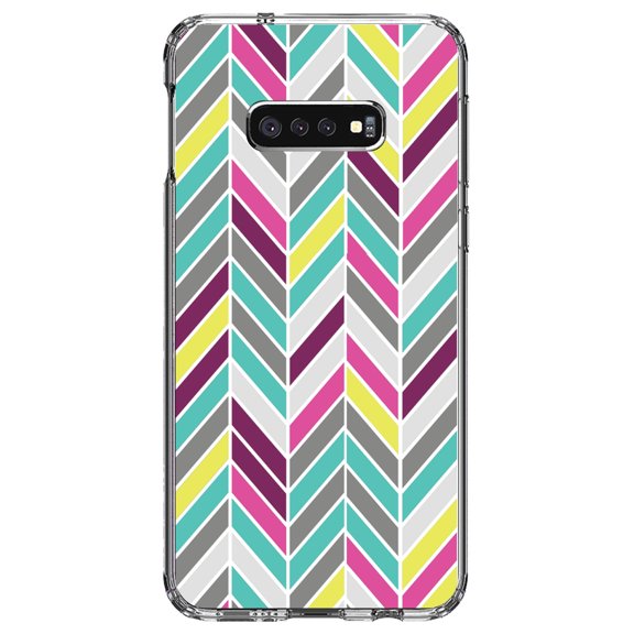 DistinctInk Clear Shockproof Hybrid Case for Samsung Galaxy S10e (5.8" Screen) - TPU Bumper, Acrylic Back, Tempered Glass Screen Protector - Pink Purple Teal Herringbone