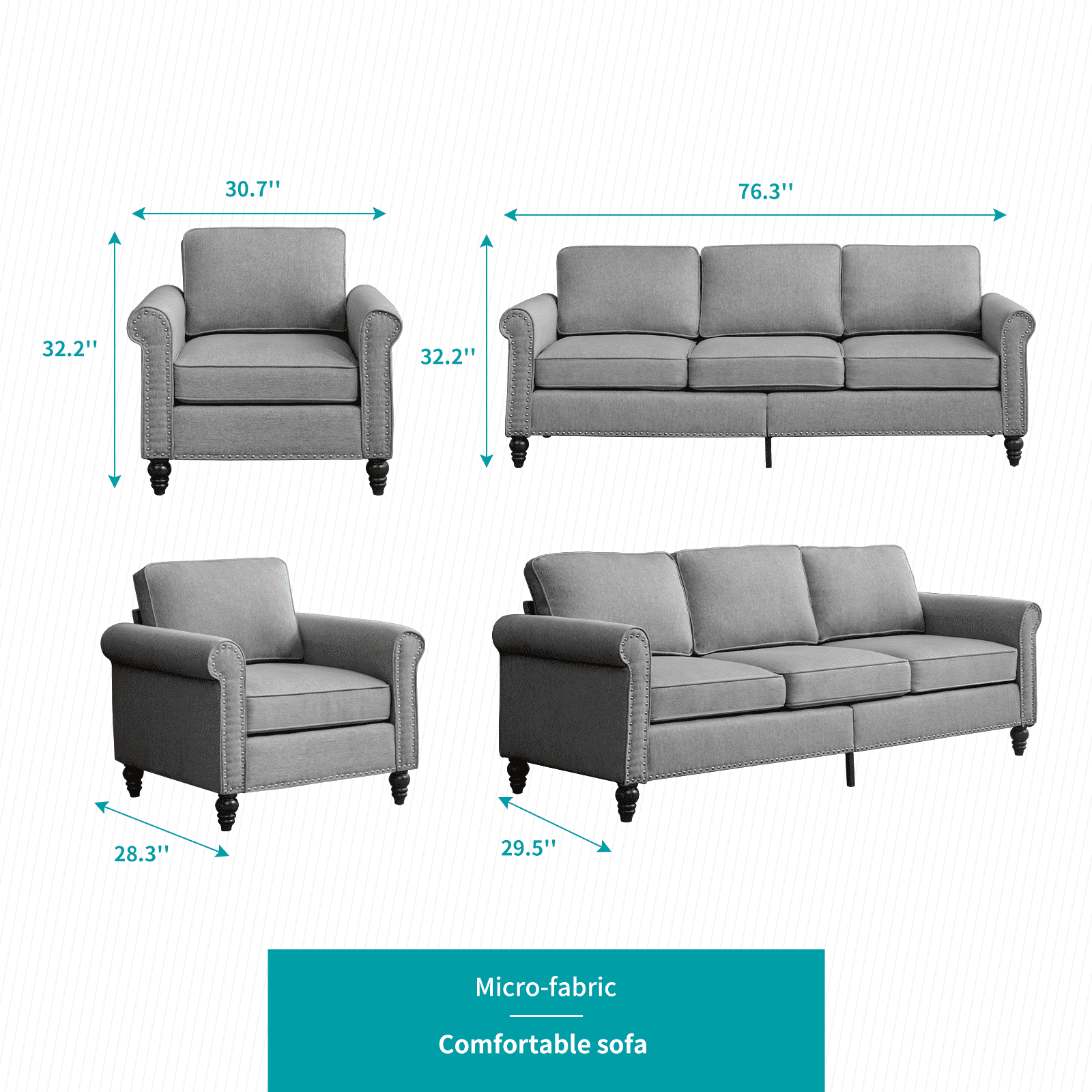 MUZZ Living Room Furniture Sets with 5.9"Upholstered Cushion, 3-Seater Sectional Sofa Couch and Single Sofa Chair,Sofa Set for Living Room(Light Grey)