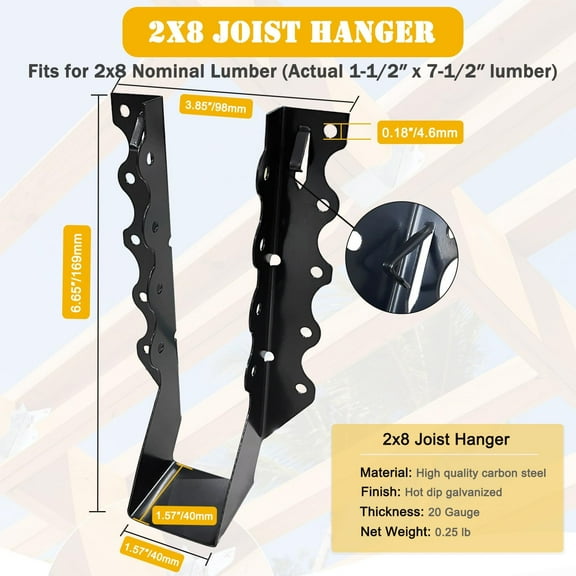 25 pcs 2x8 Joist Hanger, Black Anti-Corrosion Coating Wood  Ties for Joist to Header Installation