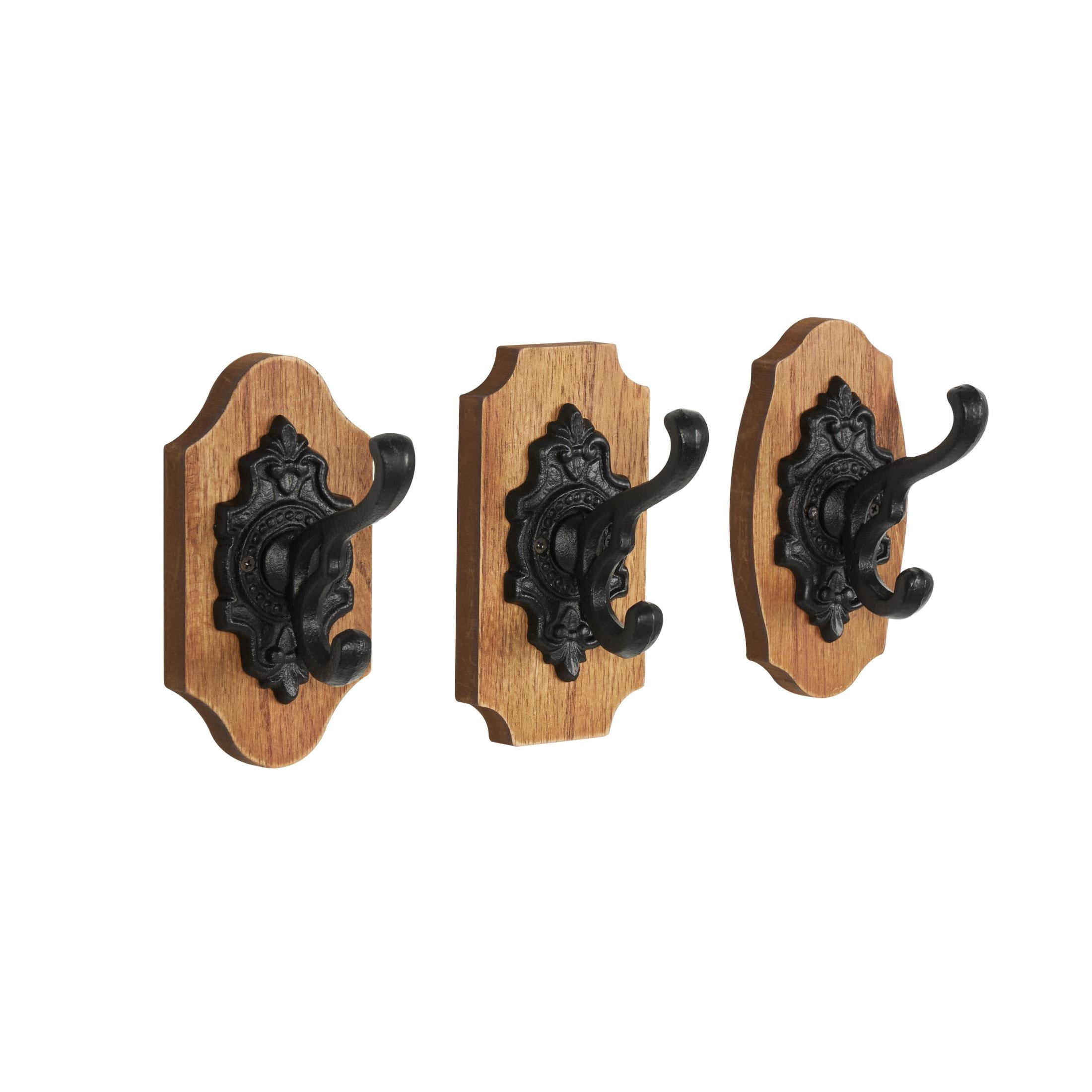DecMode 4"W, 6"H Brown Wooden Vintage Inspired Fleur De Lis Wall Hook with Black Metal Hooks and Curved Edges, 3-Pieces