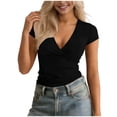 thumbnail image 2 of Hfnxid Women's Summer Top Cross Wrap Short Sleeve T Shirt Lightweight V Neck Tunic Tops Casual Ruched Plunge Solid Blouse Black L, 2 of 7