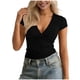 thumbnail image 1 of Tops de Manga Corta de las Mujeres de Color Sólido Cuello Redondo Set de Manga Corta Blusas de Cuello en V, 1 of 6