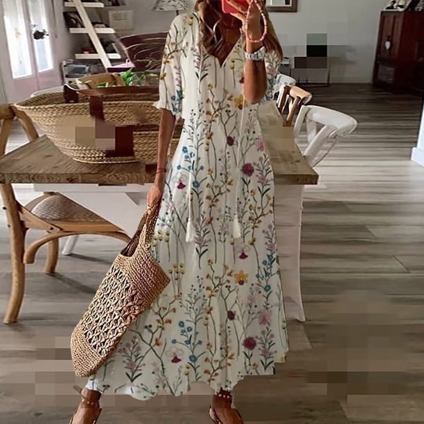 WILLBEST Vestidos de Verano para Mujer Nuevo Vestido de Mujer de Manga Media y Larga con Borlas Estampado Bohemio Ancho Cuello En V Largo Extra Grande
