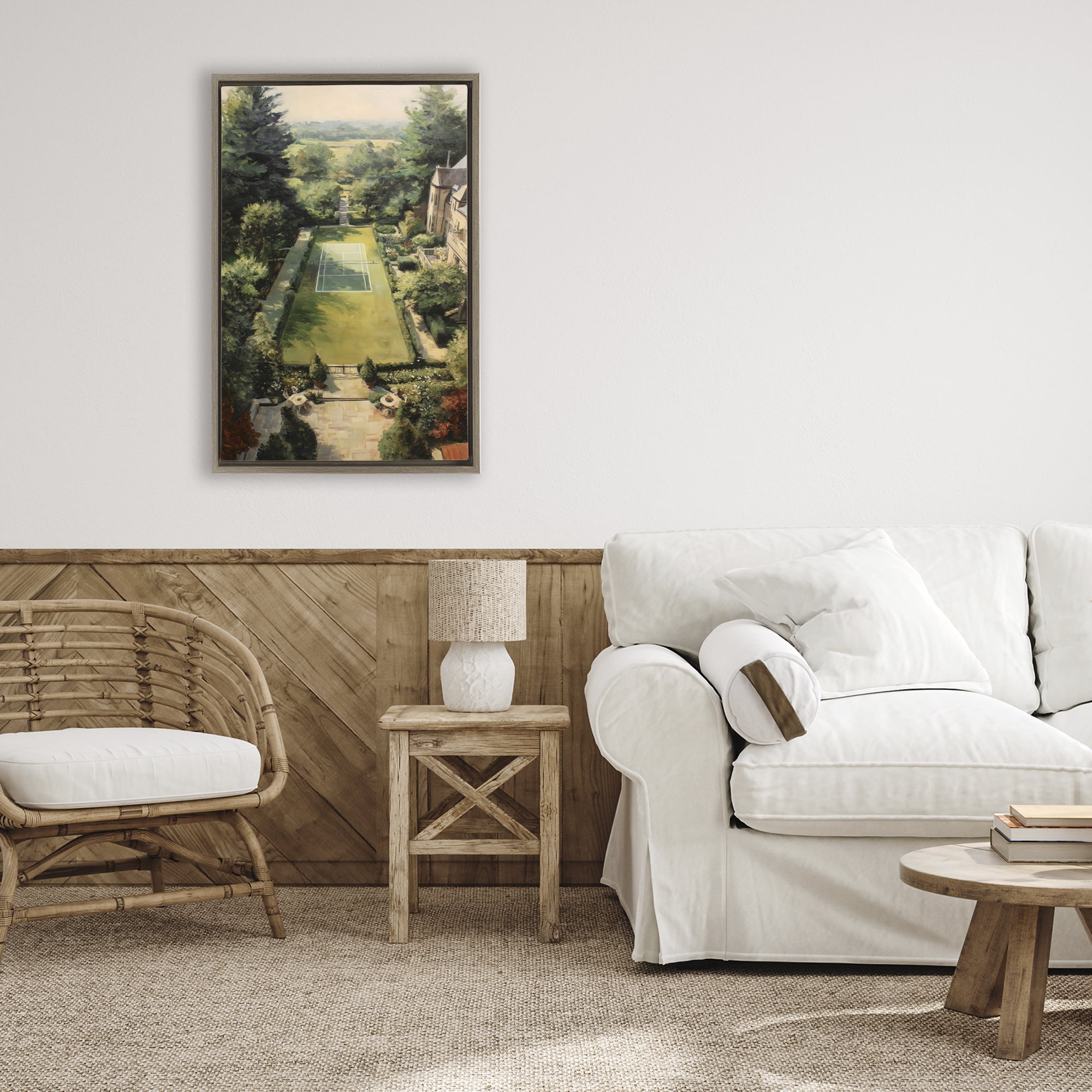 Stupell Industries Vintage Tennis At The Manor Brown Framed Floater Canvas Wall Art, design by Petal Prints Design