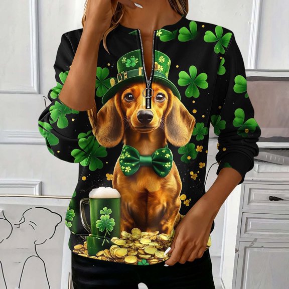 St. Patrick's Day Pullover for Women Quarter Zip Leprechaun Hat and Floating Clovers Print Long Sleeve Sweatshirt Festive Holiday Graphic Top