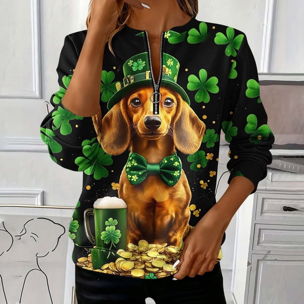 TaTaai Women St. Patrick's Day Print Long Sleeve Sweatshirt Fashion Loose Round Neck Casual Top Soft Comfortable for Daily Home Office Streetwear Gift