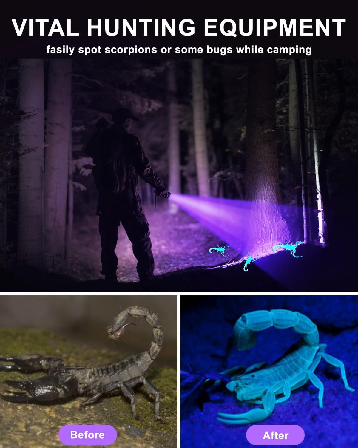 WOLFWAY 365nm Black Light, 120W Flashlight USB Rechargeable, 2 Modes Powerful Lights for Pet Urine Detection, Resin Curing, Minerals