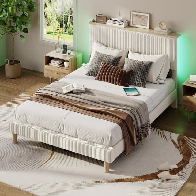 Bestier Lit Plateforme Grand avec Tête de Lit de Rangement Réglable avec Tablette, Cadre de Lit Rembourré en Velours Côtelé à DEL, Beige
