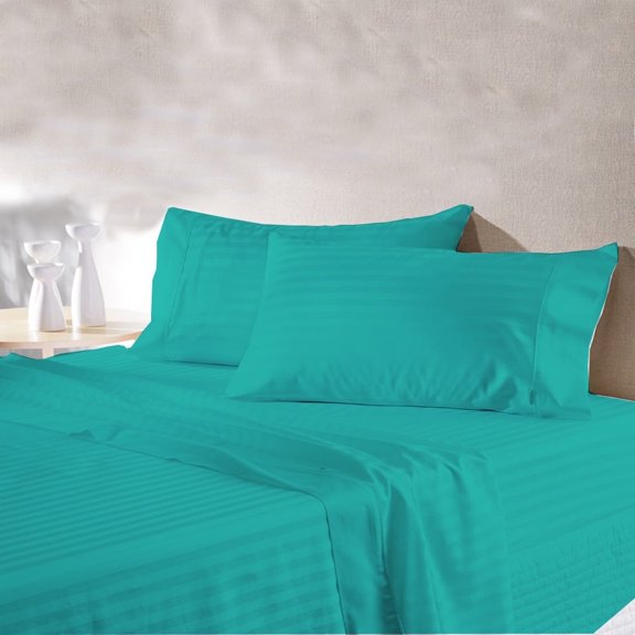 BedDecor 100% Egyptian Cotton 4 Pcs Sheet Set Stripe 15 inches (Turquoise Blue,Cal-King)