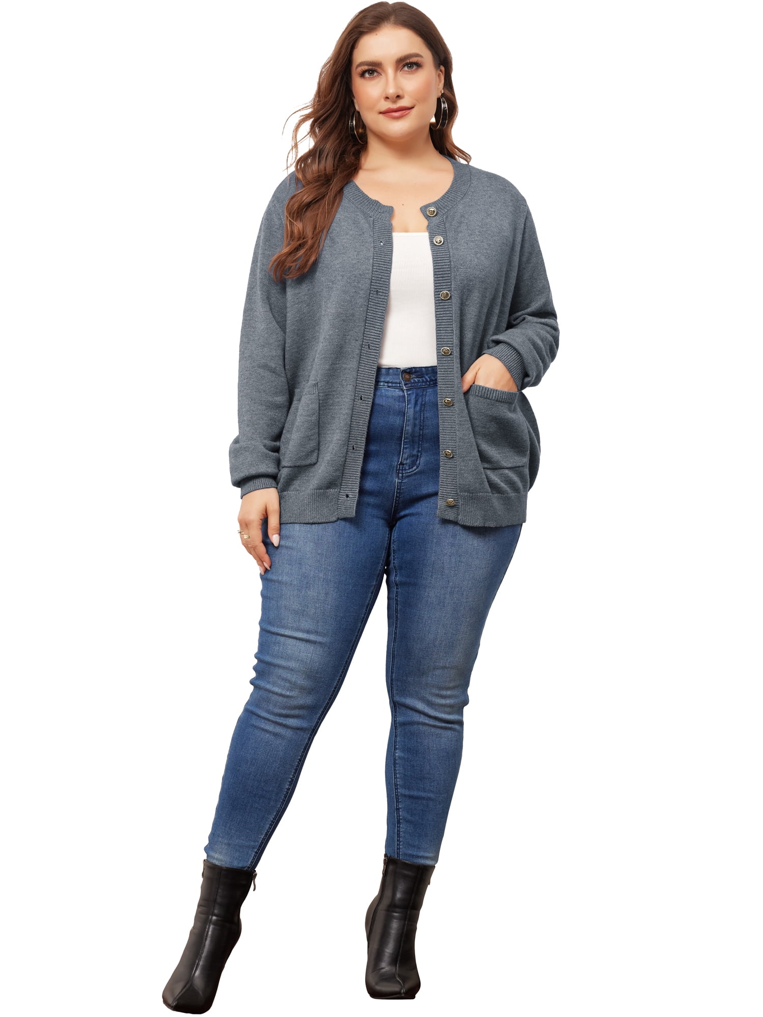 DARING DIVA Women's Plus Size Button Down Crew Neck Cardigan Sweater 1X Gray