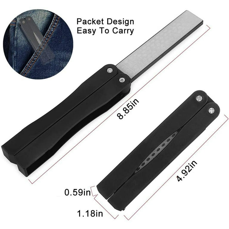 Pocket Knife Sharpener,Multifunction EDC Gear Keychain Foldable Sharpening  Stone with 3 Stages Ceramic&Carbide&Diamond Tapered for Survival Hunting  Fishing Camping,Black