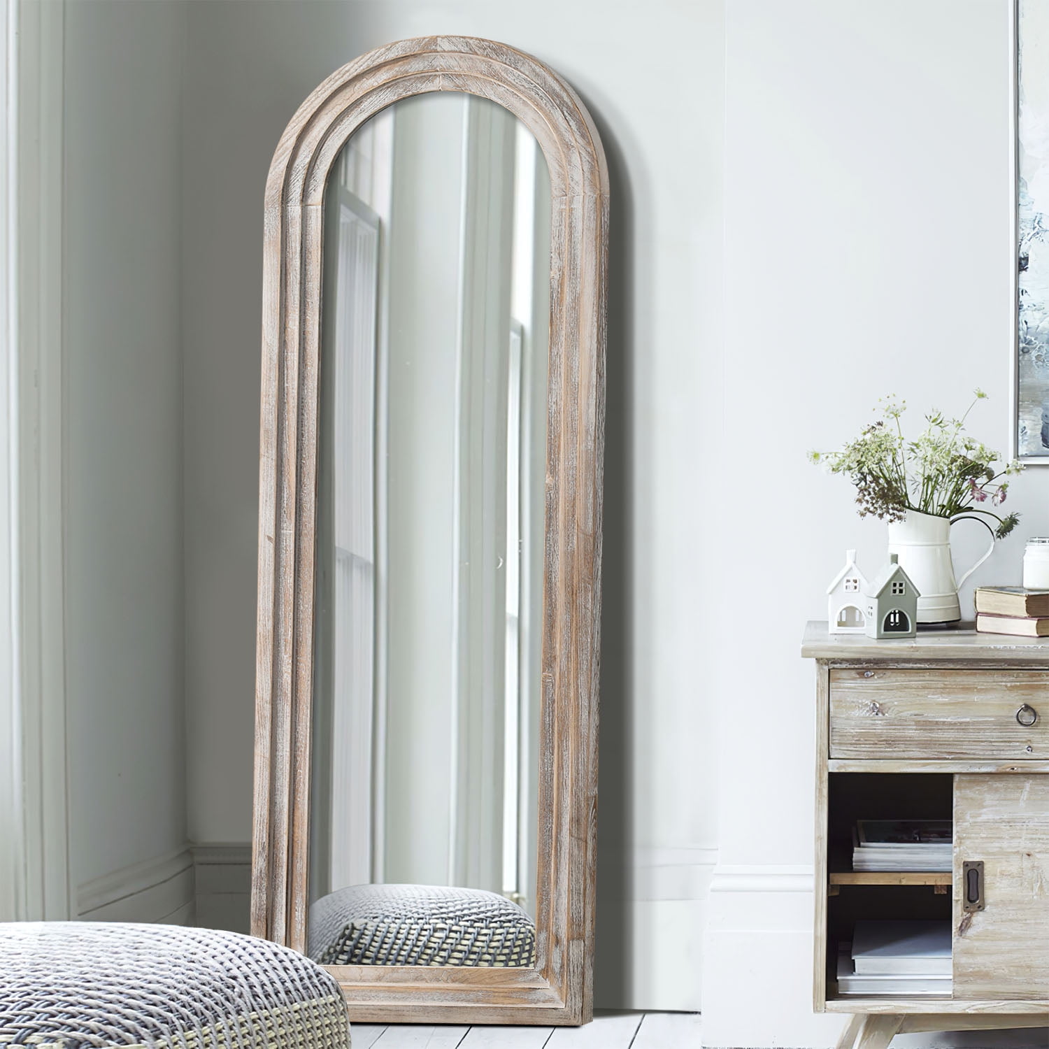 MAYEERTY 64×21in Modern Solid Wood Frame Arched Full Length Mirror with Tempered Glass, Weathered White