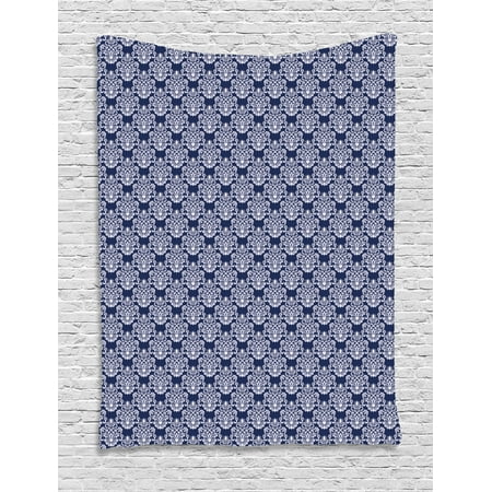 Bayberry Blue Japan Navy Blue Tapestry, Abstract Floral Damask with Antique Victorian Design Renaissance Flourish, Wall Hanging for Bedroom Living Room Dorm Decor, 40W X 60L Inches, Dark Blue Bayberry, by Ambesonne ()