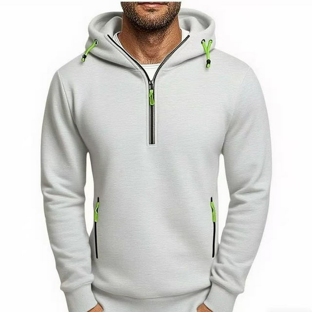 Men's Solid Color Long Sleeve Hooded Half-Zip Pullover Sweatshirt with Pockets for Casual Outdoor Wear