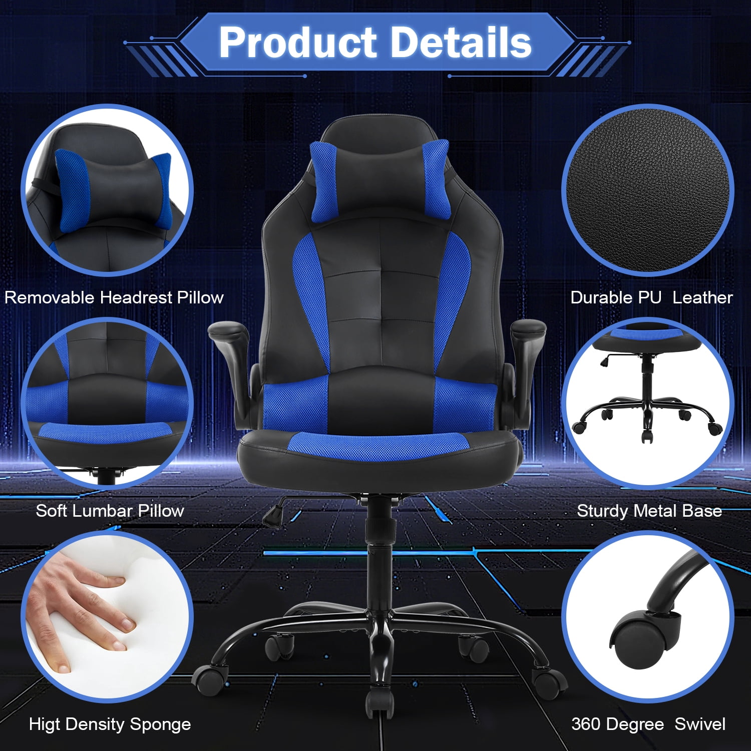 Video Game Chair High Back Gaming Chair PU Leather Racing Chair with Headrest Lumbar Support & Flip-up Arms , Adjustable Gamer Chair for Adults & Kids, Blue